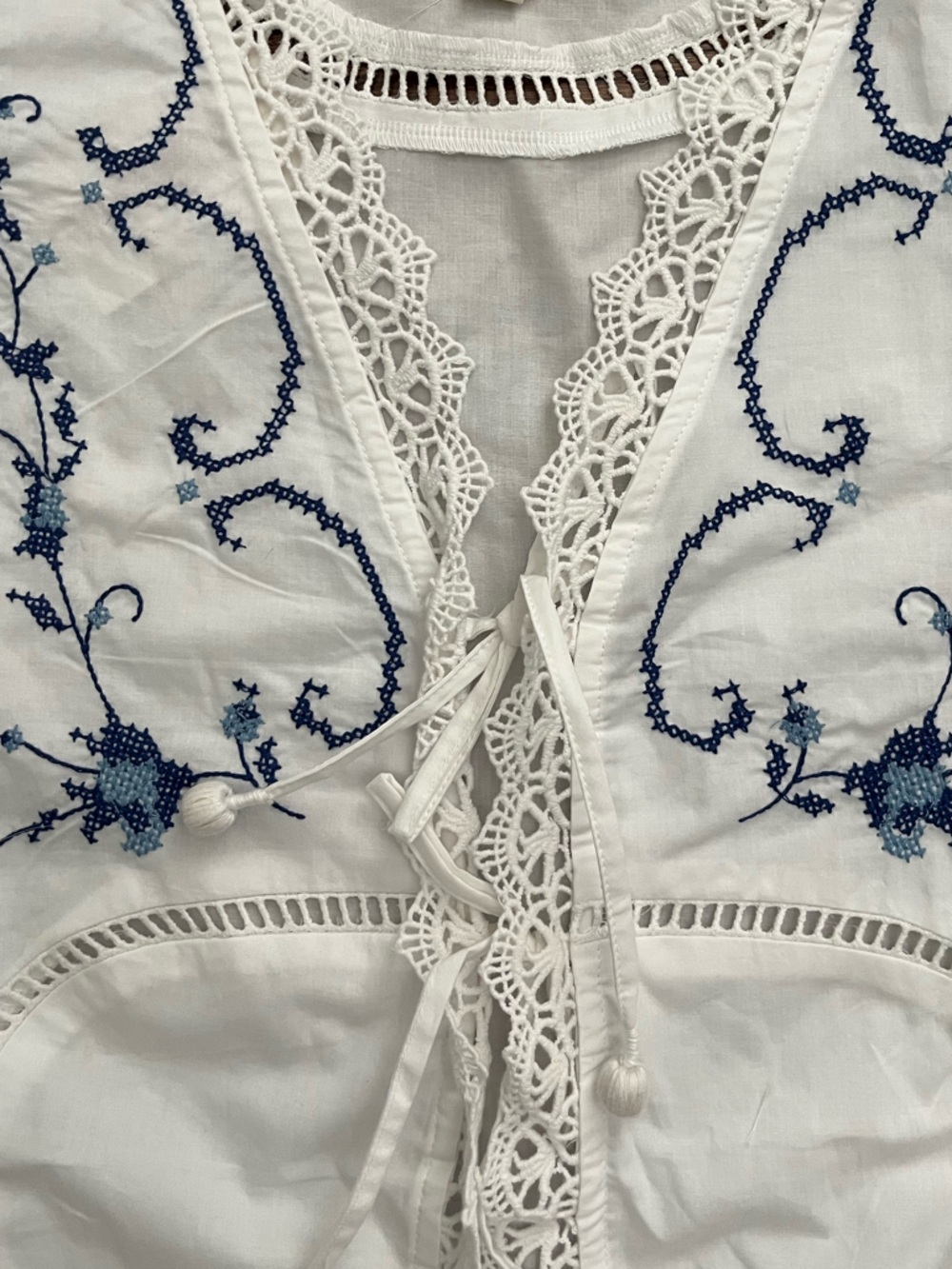 White Embroidered Lace Cropped Top with Blue Floral Details - Picture 2 of 6